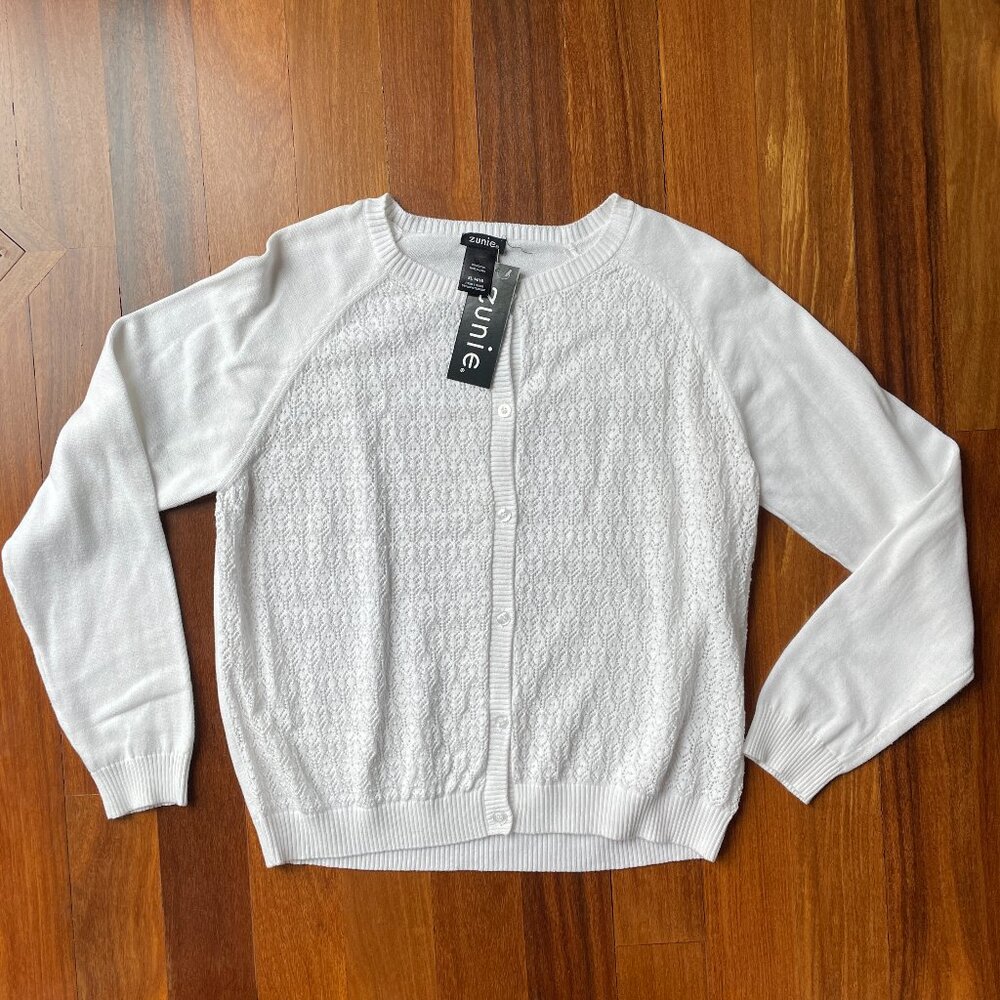 NEW Zunie White Cardigan Sweater Sz 14-16